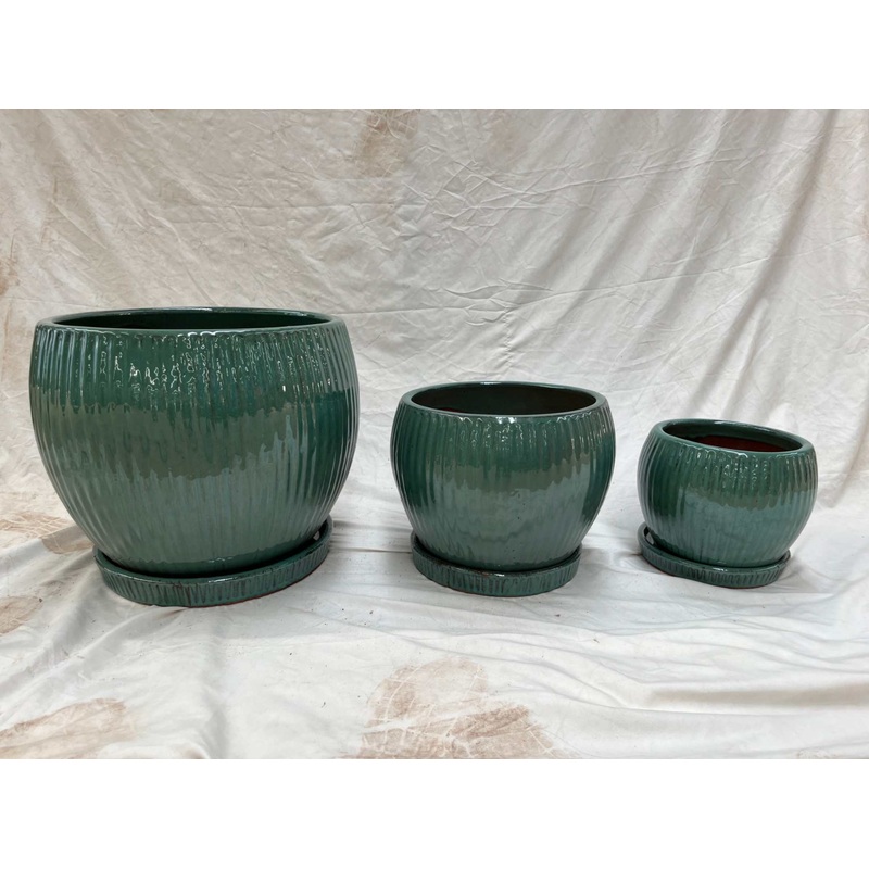 Set of 3 Shiny Sky Blue Glazed Ceramic Round Planters with Striped Design and Saucers