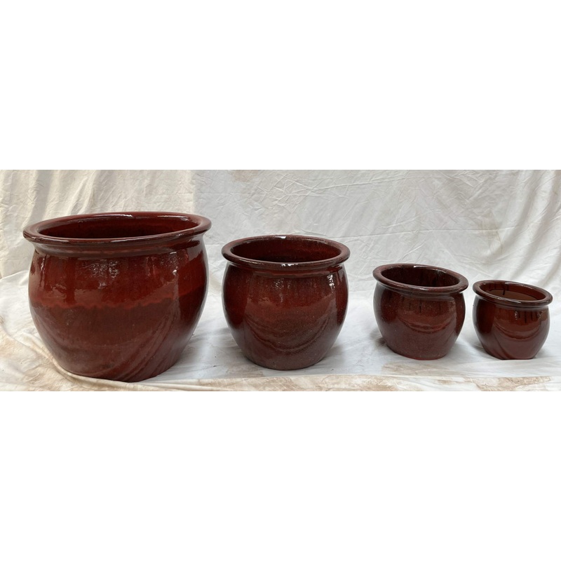 Set of 4 Modern Black Red Glazed Large  Ceramic Matka Planters