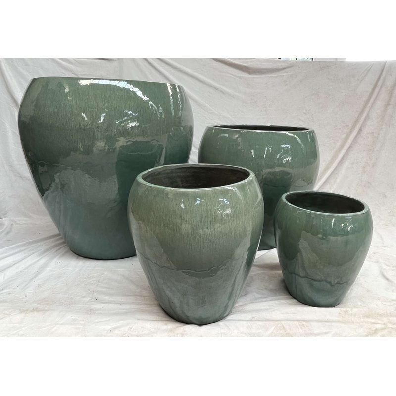 Set of 4 Modern Green Glazed Ceramic Planters – Indoor and Outdoor Large Pots