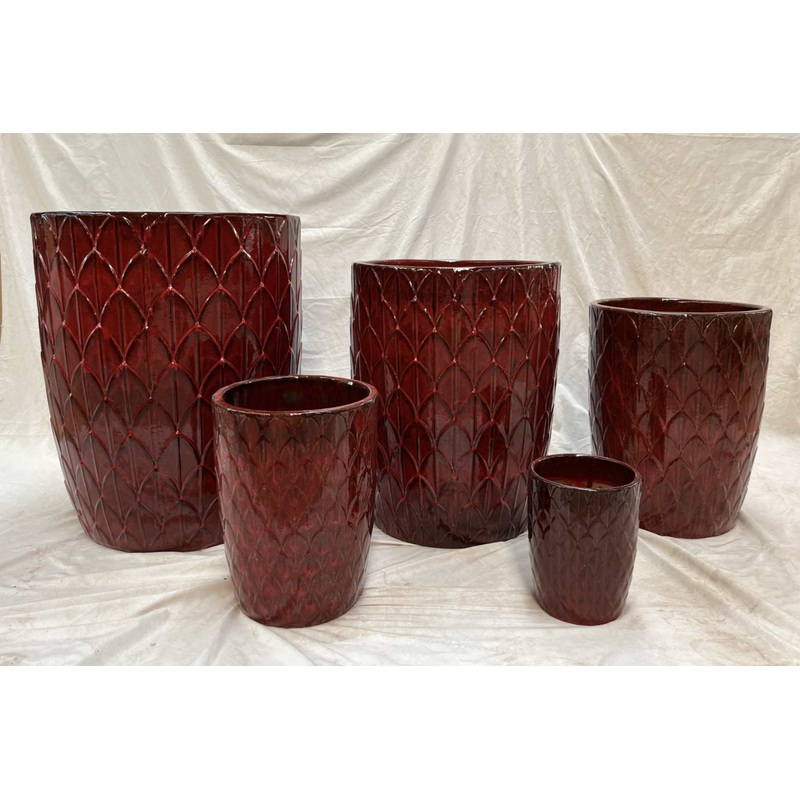 Set of 5 Glazed Ceramic Pots with Red Black Self Pattern | Indoor/Outdoor Planters