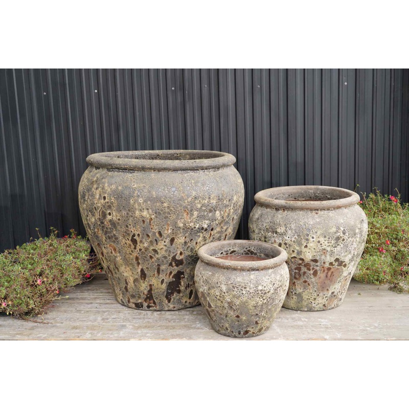 Sunset Yellow Rustic Stone Finish Ceramic Planters – Ancient Style Outdoor Pots (set of 3)