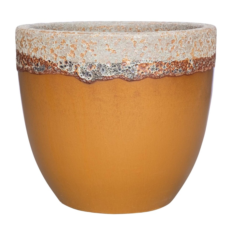 Yellow Ceramic Planter Set Of 3 with Volcanic Rim | Round Pots for Home & Garden