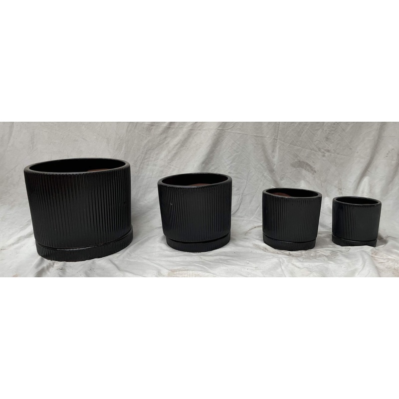 Black Fluted Ceramic Flower Pot – Stylish Wide Planter for All Plants (Set Of 4)
