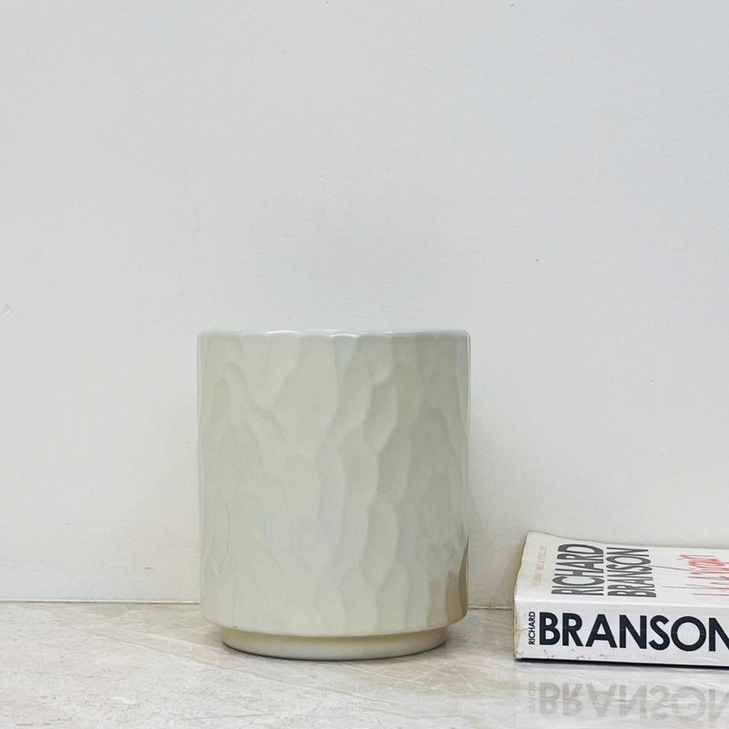 White Hammered Ceramic Planter  Glossy Textured Pot for Indoor Plants
