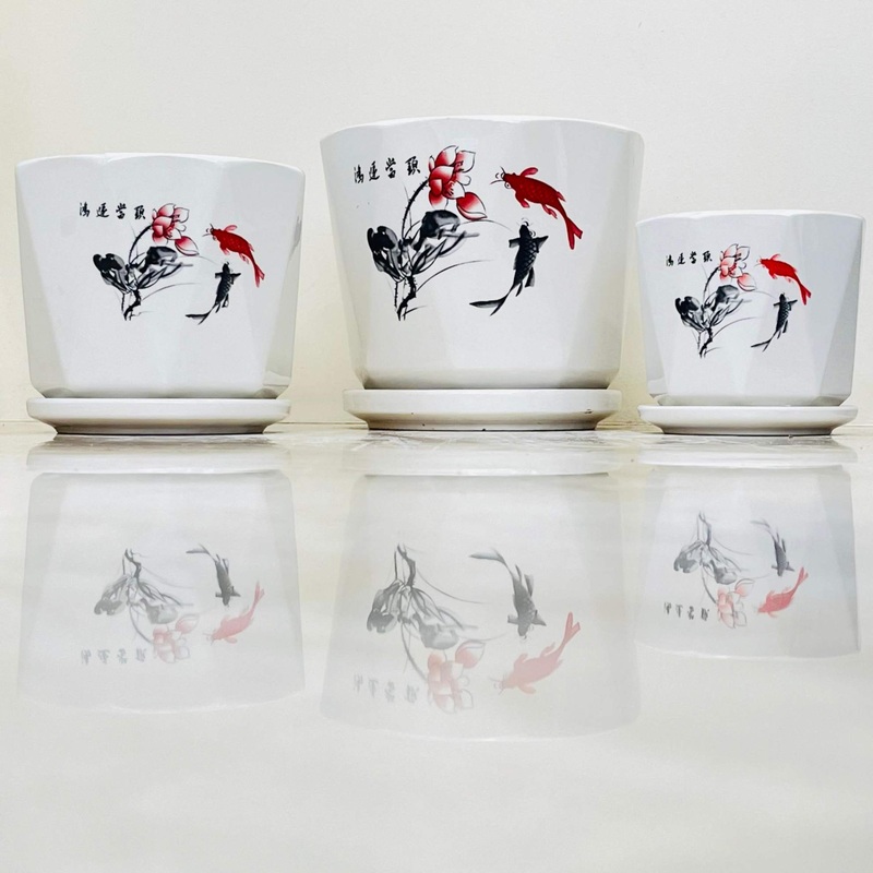 Asian-Inspired Ceramic Pot Set with Koi Fish and Floral Art (Set Of 3)