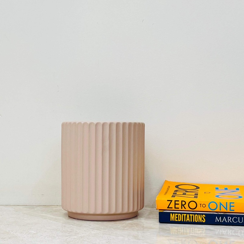 Beige Ribbed Ceramic Planter Pot