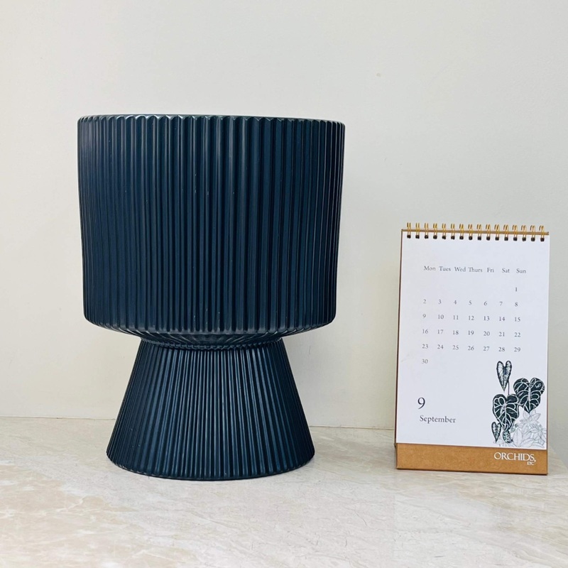 Black Ribbed Ceramic Planter with Flared Base  Modern Decorative Pot