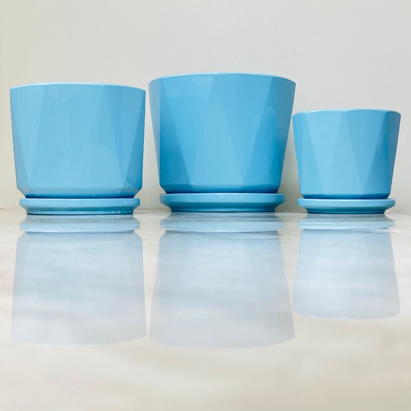 Blue Geometric Ceramic Planter Set with Saucers (Set Of 3)
