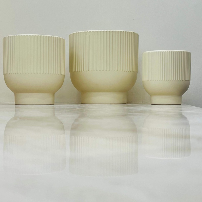 Set of Beige Ribbed Ceramic Planters with Flared Base Set Of 3