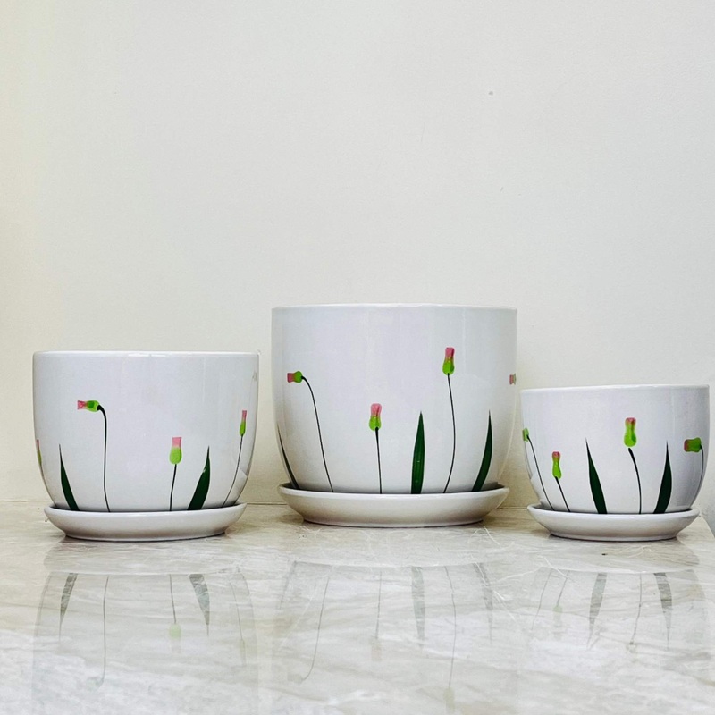 Smooth White Ceramic Pot Set with Pink Bud Floral Design (Set of 3)