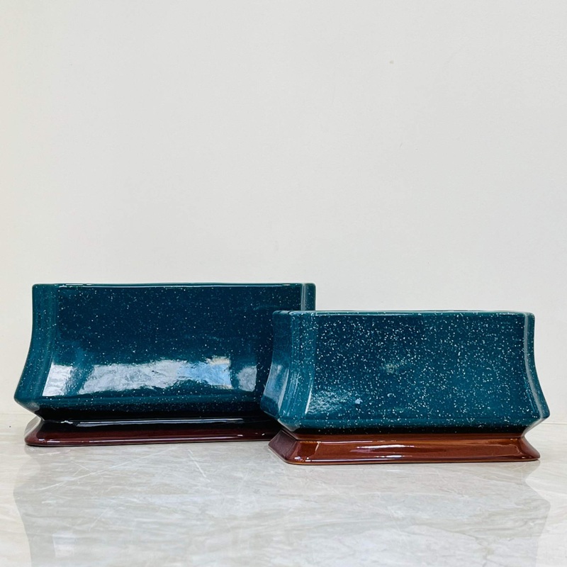 Teal Rectangular Ceramic Planter with Brown Base  Glossy Indoor Bonsai Pot Set Of 2