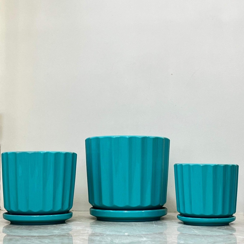 Teal Ribbed Ceramic Pot Set Of 3