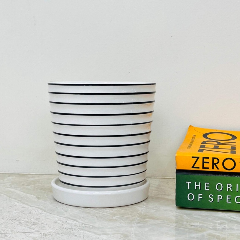 White & Black Striped Ceramic Planter with Matching Tray