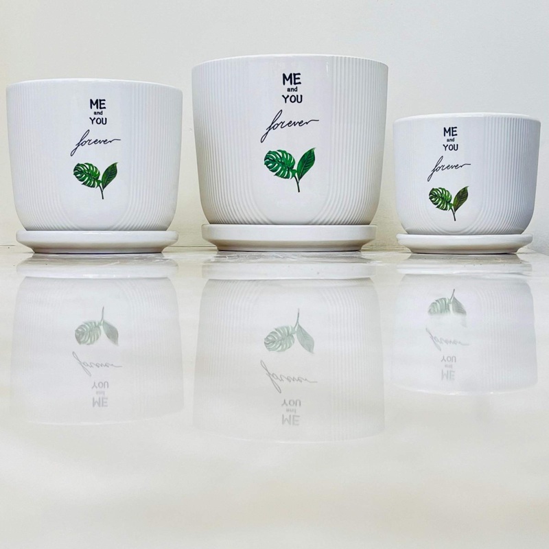 White Ceramic Planter Set with ‘ME and YOU Forever’ Print  (Set Of 3)