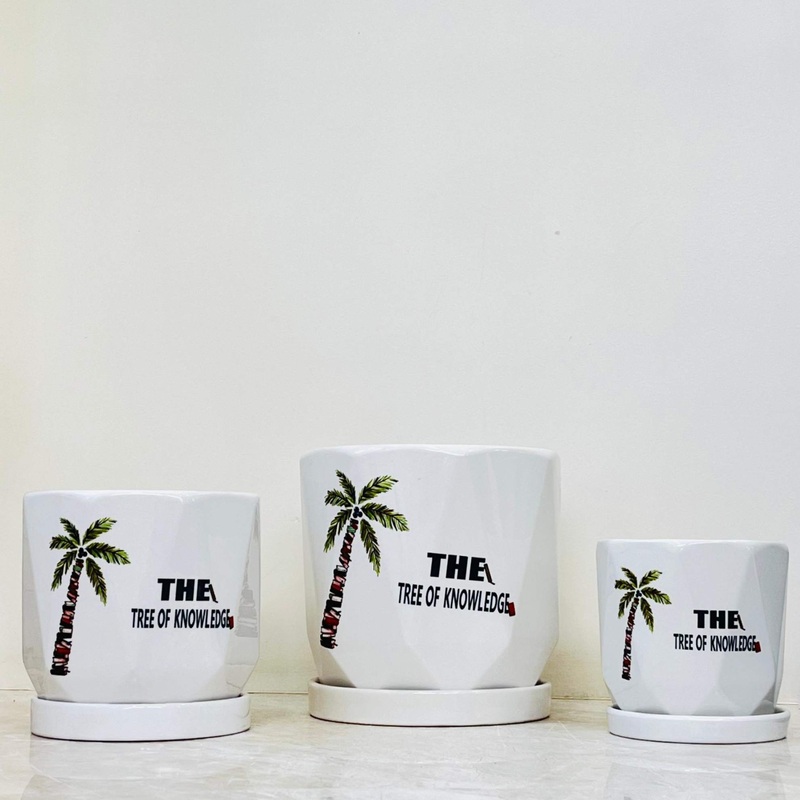 White Ceramic Pot Set featuring the “Tree of Knowledge” design (Set Of 3)