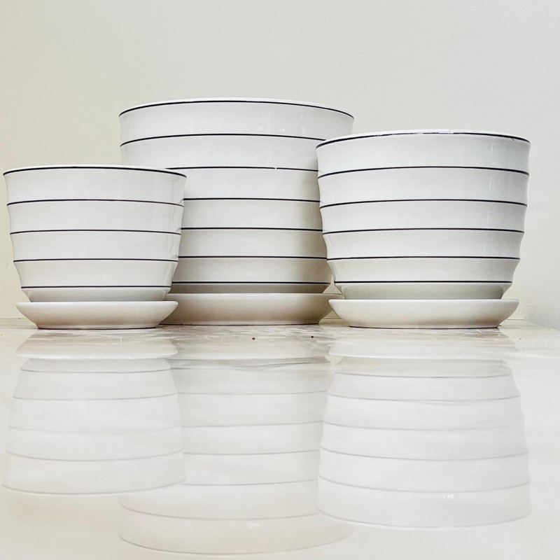White Ceramic Pot Set with Black-Lined Design (Set Of 3)