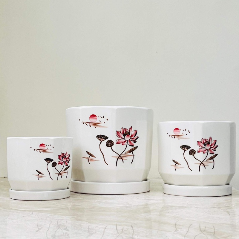 White Ceramic Pot Set with Lotus and Sunset Design (Set Of 3)