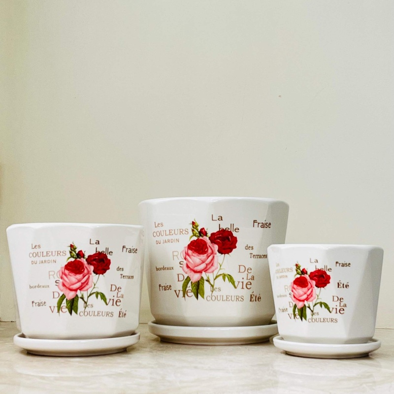 White Ceramic Pot Set with Rose and Text Design (set Of 3)