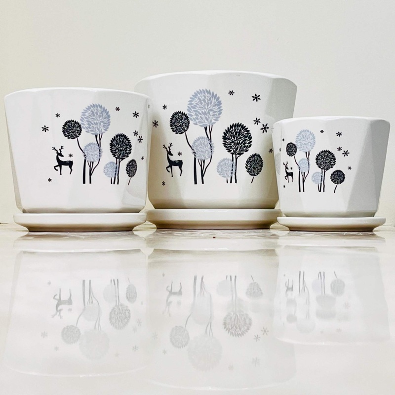 White Ceramic Pots with Deer and Tree Design (Set Of 3)