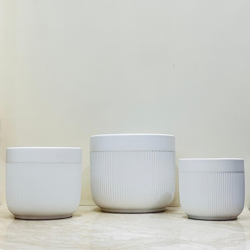 White Groove Design Ceramic Pot Set Of 3