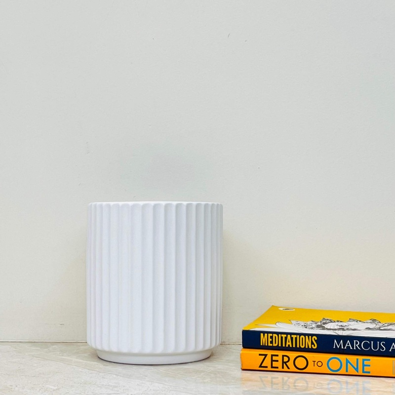 White Ribbed Ceramic Planter – Modern Indoor Plant Pot