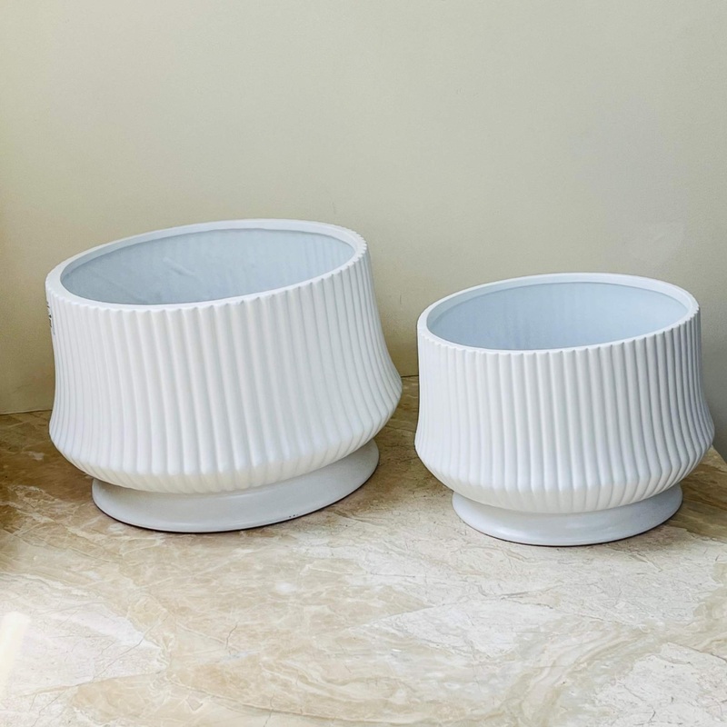 White Ribbed Ceramic Planter Set Of 2  Tilted Modern Design