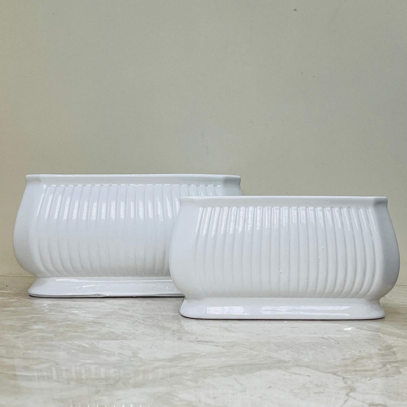 White Ribbed Oval Ceramic Planter Set of 2 for Indoor and Outdoor Plants