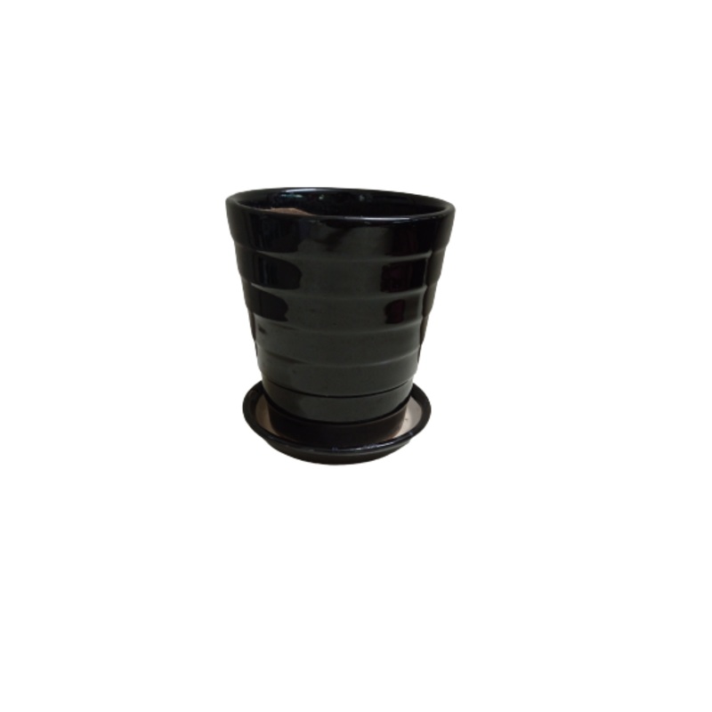 Small Black Round Ceramic Plant Pot with Striped Design – Premium Quality with Drainage Hole and Bottom Tray