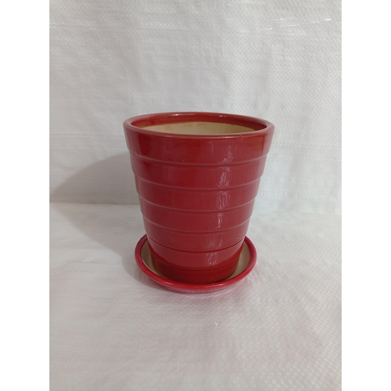 Small Red Striped Ceramic Plant Pot with Bottom Tray – Premium Quality and Excellent Drainage
