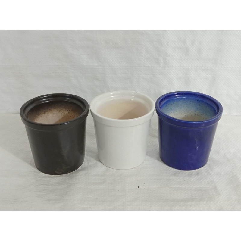 Set of 3 Sleek Rim Round Ceramic Plant Pots | Coffee, White, Blue