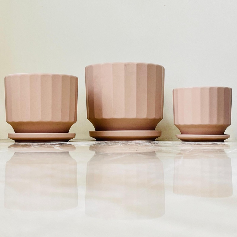 Beige Matte Fluted Ceramic Planter Set Of 3