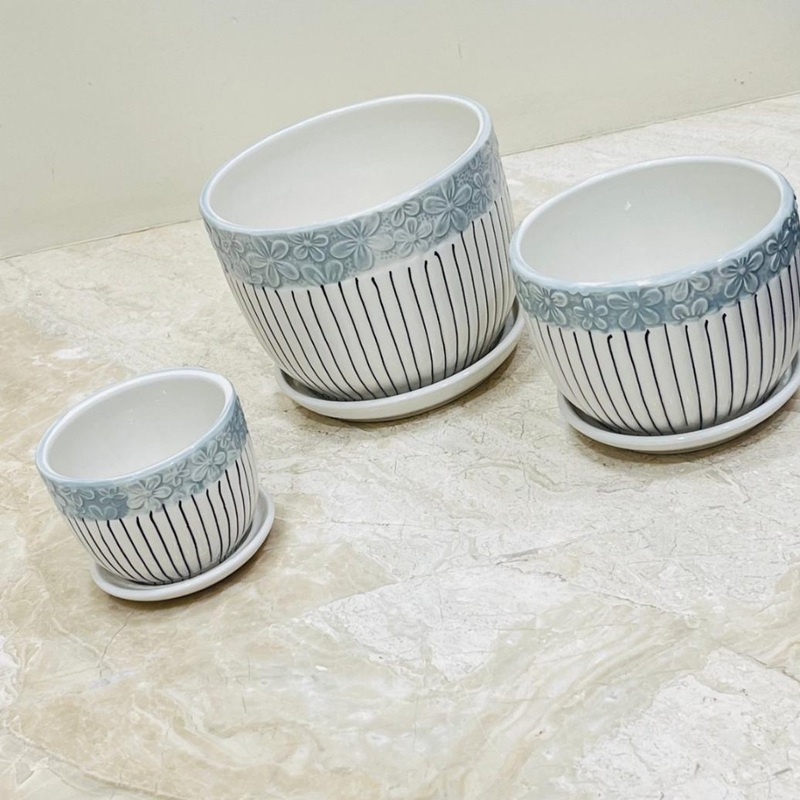 Blue Bloom Ceramic Pot Set Of 3