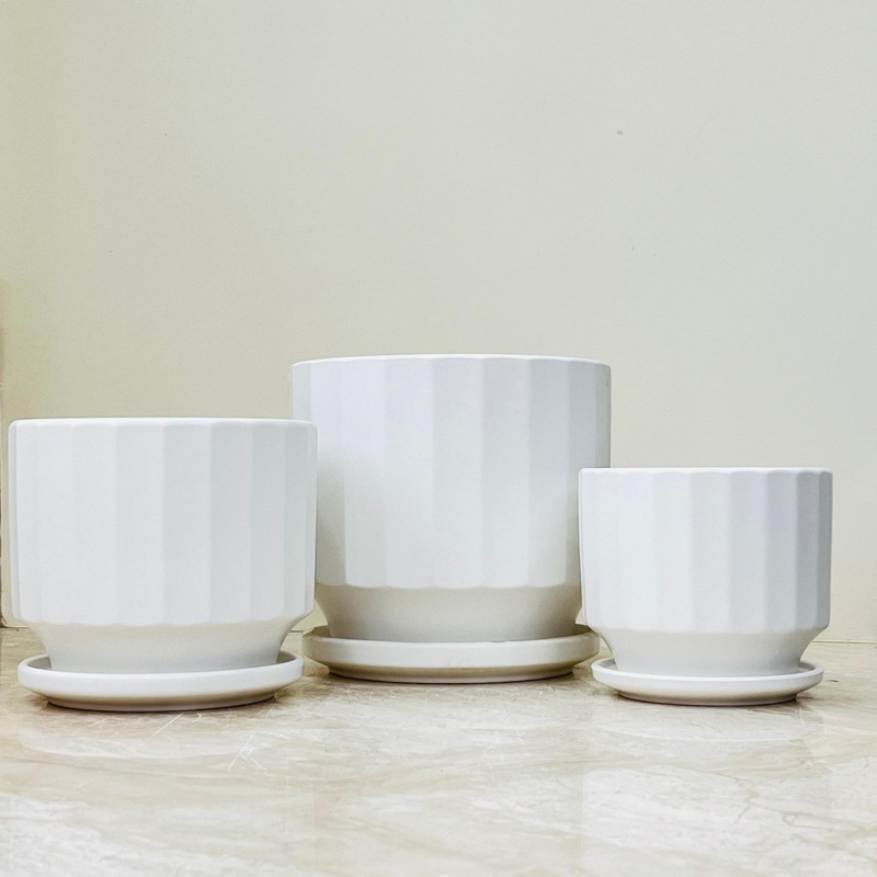 White Fluted Elegance Ceramic Planter Set Of 3